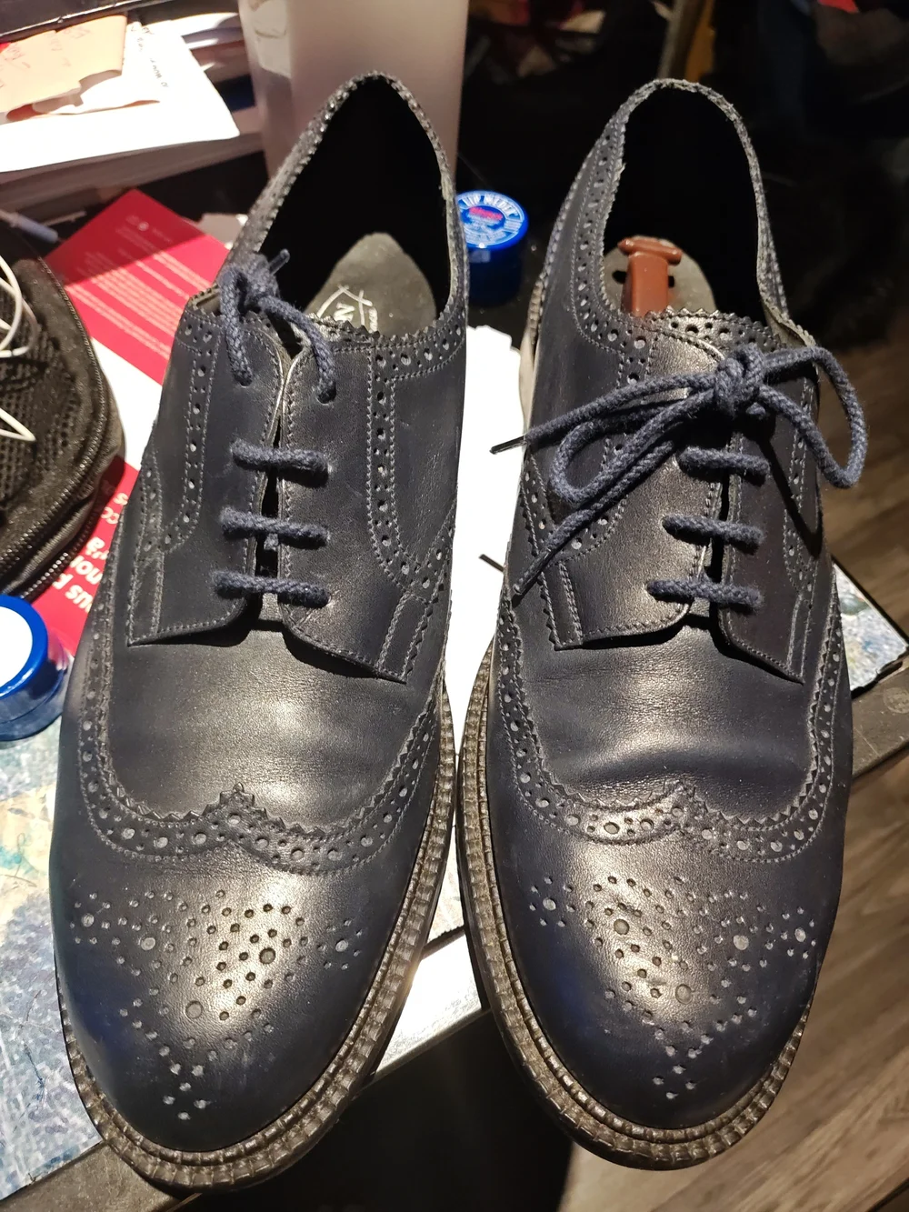 Men's Navy Leather Wingtip Derby Shoes - Classic Brogue Finish